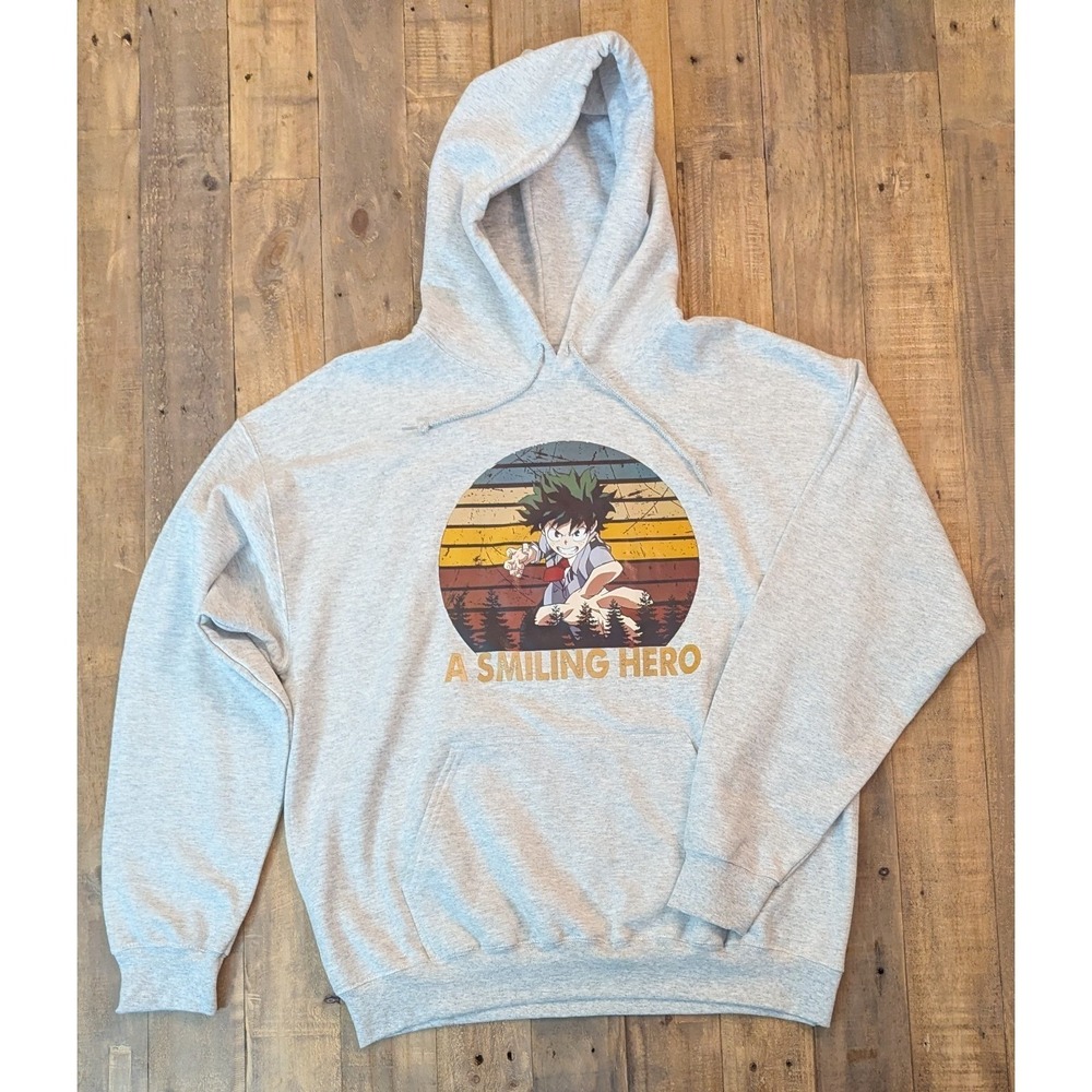 Izuku Deku Midoriya My Hero Academia Graphic Manga Hoodie Mens Large Grey